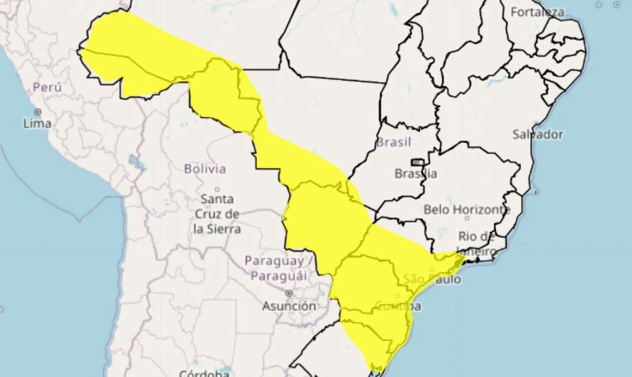 O mapa mostra as áreas em alerta para chuva intensa